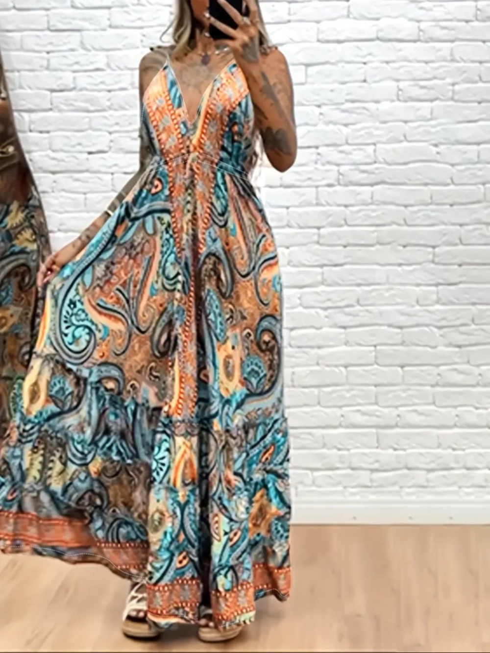 Boho Paisley Maxi Dress in Turquoise & Orange
